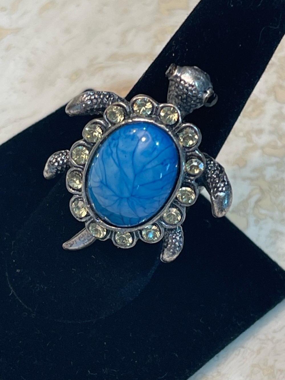 Blue Turtle Ring with Crystal Accents - Women Jewelry-Adjustable